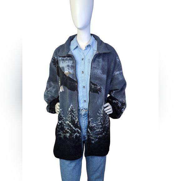 Vintage Bald Eagle Scenic Fleece Zip Jacket XXL Oversized Forest Cabin Cozy - Picture 2 of 7